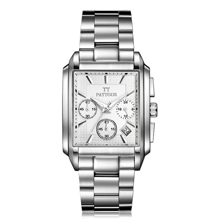 百陀士(pattous)手表男士方形手表时尚休闲运动石英表钢带时尚商务