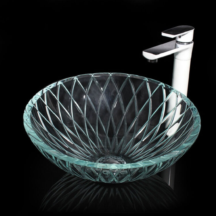 钢化玻璃台盆 透明玻璃 雕刻圆形 艺术洗手盆洗脸盆洗面盆台上盆 透明