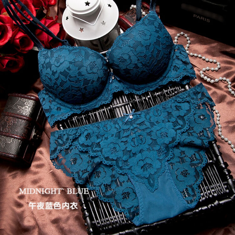 欧美性感蕾丝刺绣内衣女士 双排扣加厚聚拢文胸套装可爱 乳罩 蓝色