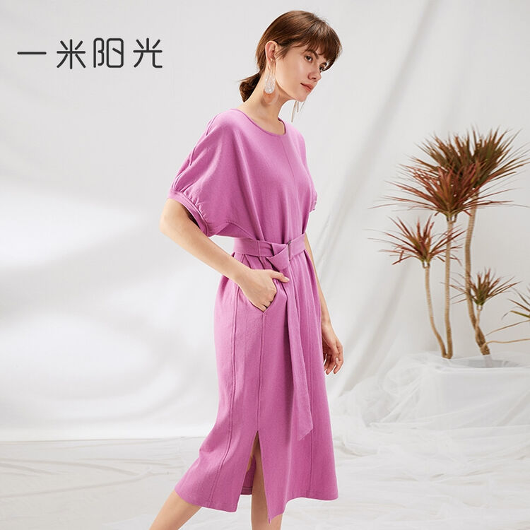 一米阳光全棉纯色圆领连衣裙女夏2018新款简约中长款气质显瘦腰带短袖