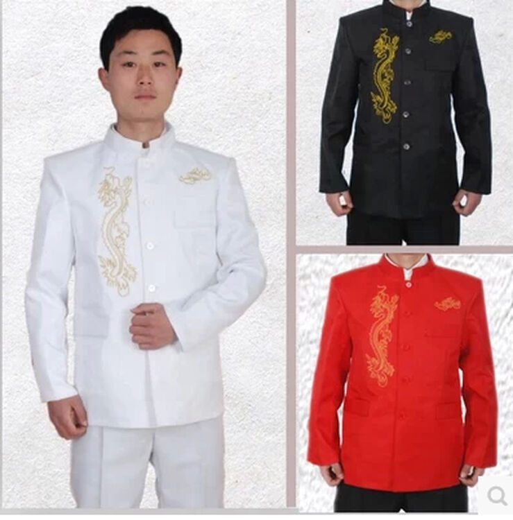 绣龙中山装中国风相声舞台演出大合唱礼仪迎宾服男装红色男士礼服