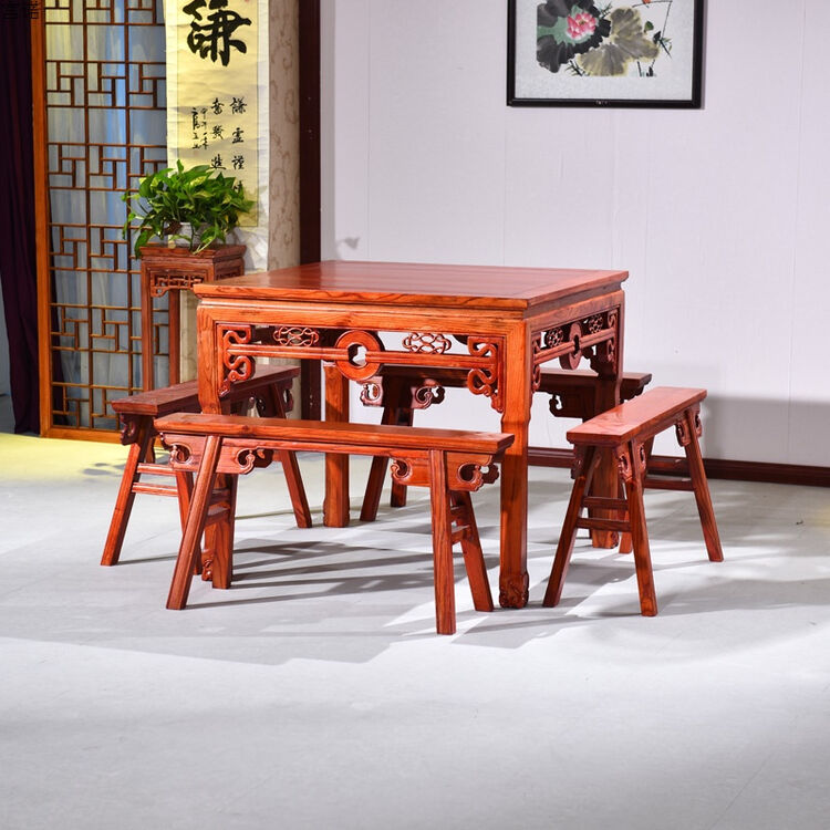 明清仿古实木家具铜钱八仙桌餐桌9件套酒店餐桌椅组合 花梨色