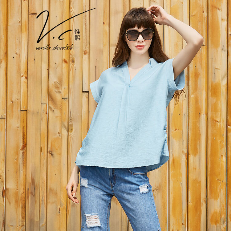 c惟熙2018夏装新款套头v领休闲衬衫女薄款短袖简约时尚女士衬衣宽松