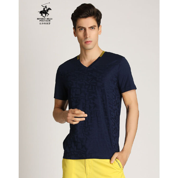 比华利保罗beverly hills polo club 全棉净色百搭拼针织v领男士短袖t