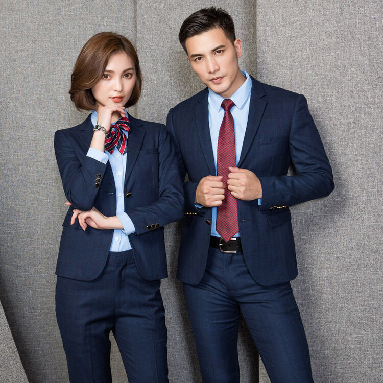 三件套西服职业西装修身格子新郎礼服工作服 男款天蓝西装 衬衫 长裤