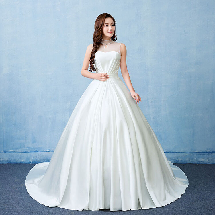 2018春季新婚纱礼服新娘结婚韩版豪华缎面大拖尾影楼婚纱 白色 s