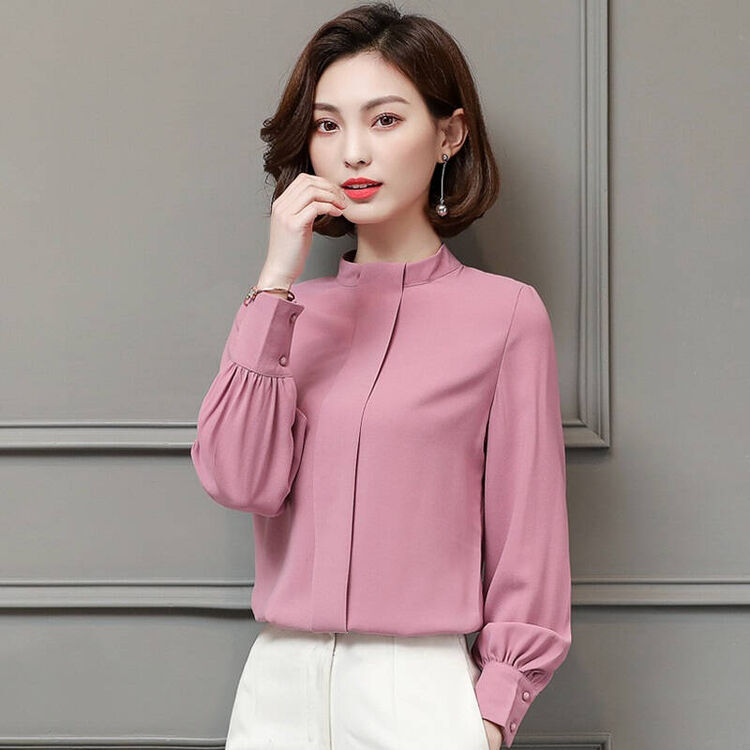 春新款雪纺衫长袖打底衫女泡泡袖上衣雪纺仙气质洋气小衫衬衫 芋粉色