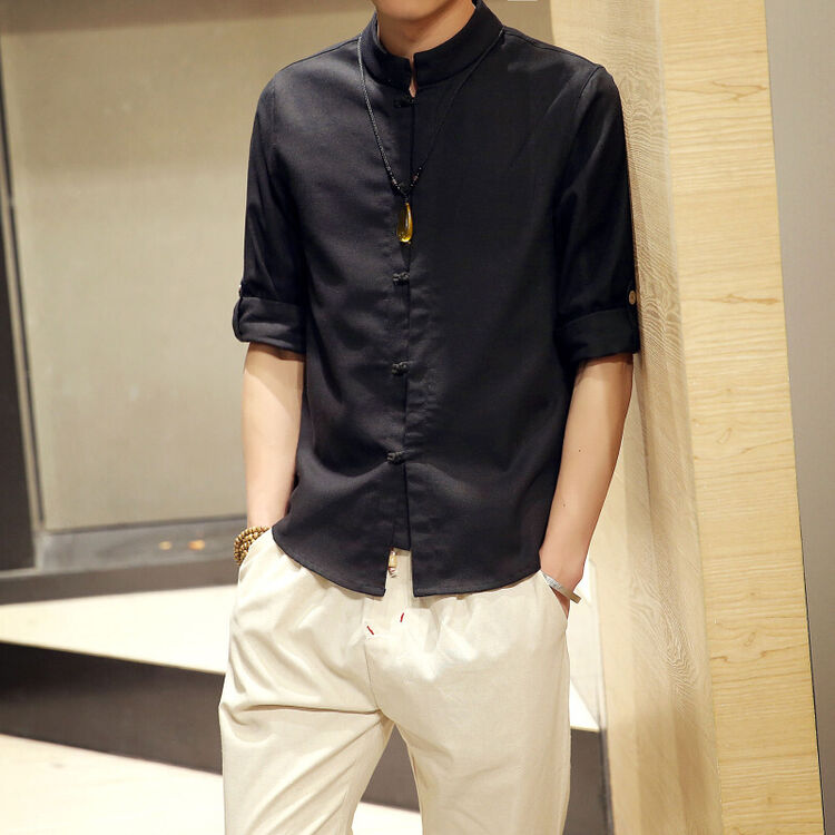 2018年男士亚麻衬衫男中国风亚麻九分袖盘扣衬衫男 黑色 m
