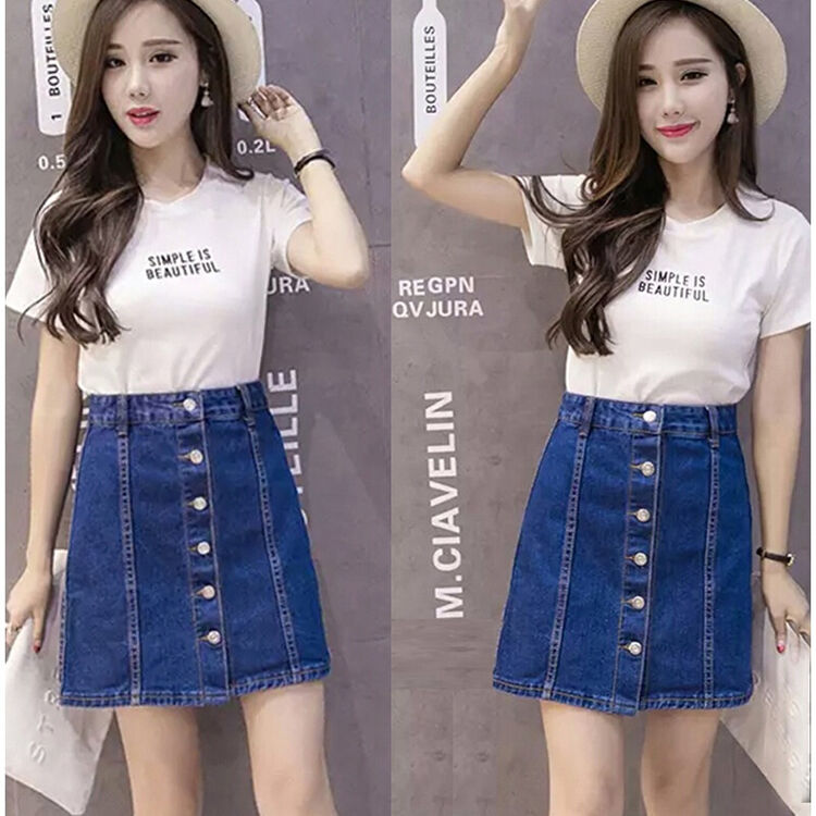 半身裙春夏新款2018韩版高腰排扣防走光包臀裙裤a字短裙女 深蓝色-没