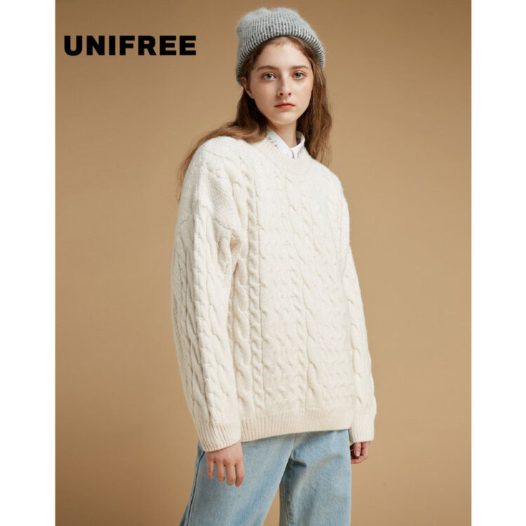 纯色圆领长袖编织百搭款毛衣女 白色 均码