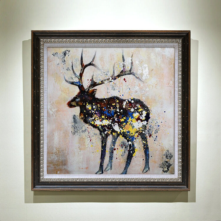 凤之舞油画手绘油画抽象招财麋鹿现代简约玄关装饰画过道楼梯壁画 框4