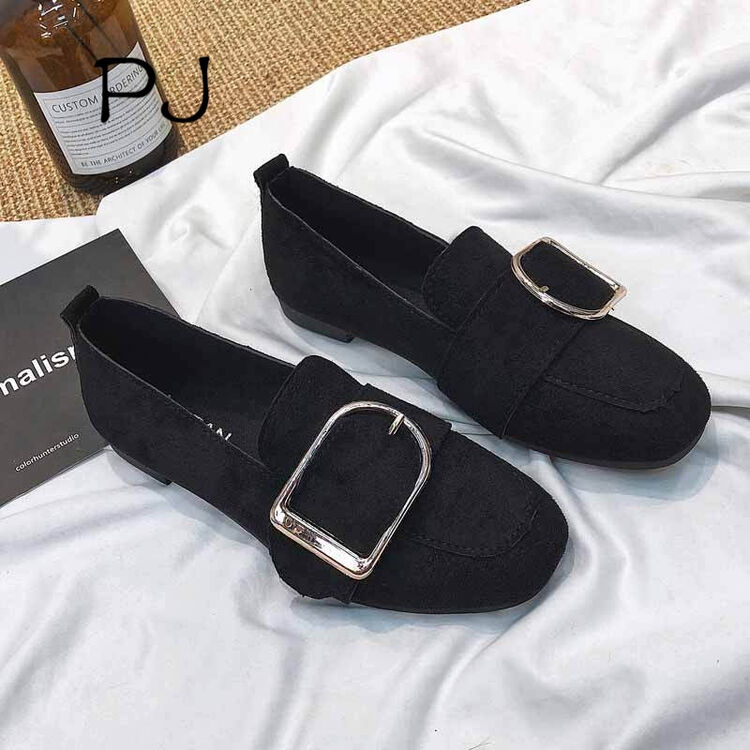 圆头平底单鞋女2018春季新款韩版豆豆鞋女复古休闲女子鞋 黑色 35