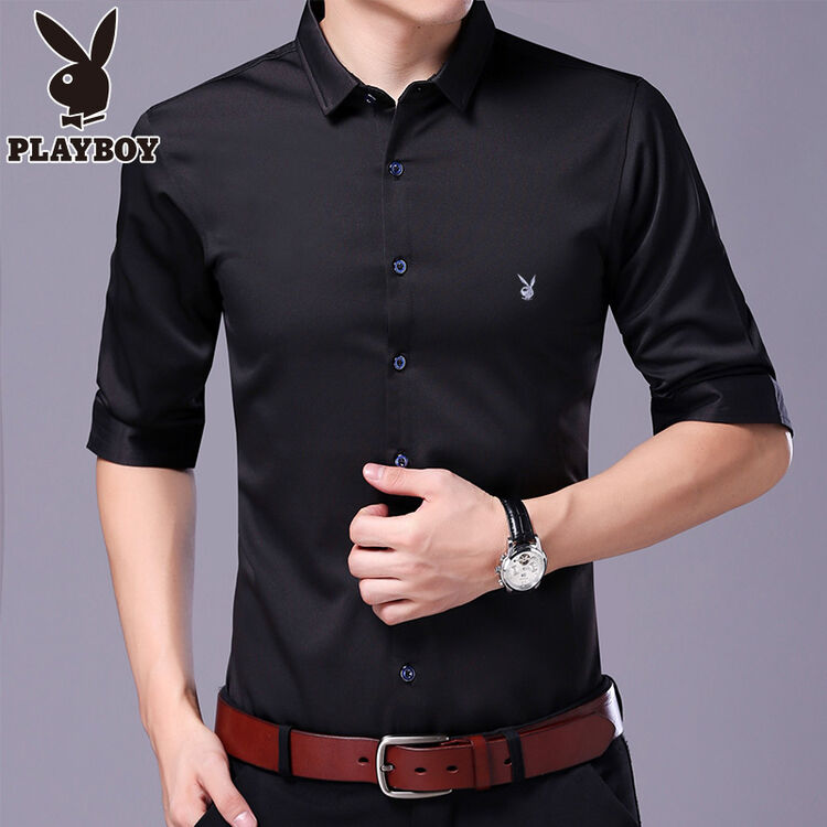 花花公子旗舰店衬衫男七分袖新品纯色时尚衬衣青年男装商休闲上衣服
