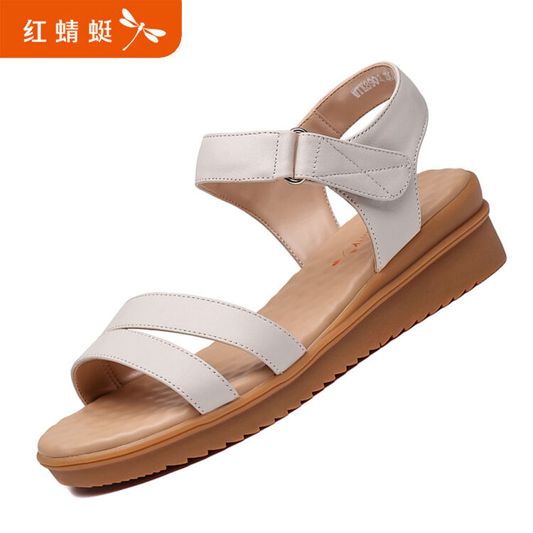 红蜻蜓凉鞋女2018夏季真皮软底防滑坡跟休闲妈妈鞋 米白色 34