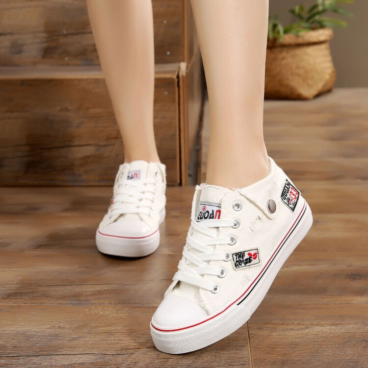 春ulzzang新款日系补丁帆布鞋清新少女大童学生牛仔白鞋平底单鞋 白色