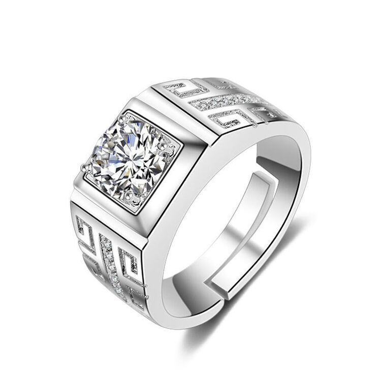 诚简 欧美开口仿钻石戒指男士指环保铜镀白金婚戒仿银首饰品