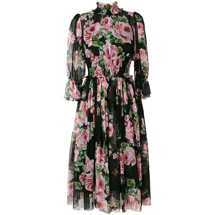 & gabbana/杜嘉班纳18新款女士黑色真丝雪纺花朵印花修饰泡泡袖连衣裙