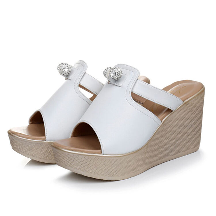 shenxin防水台厚底凉拖夏松糕鞋高跟坡跟一字拖鞋 白色 32