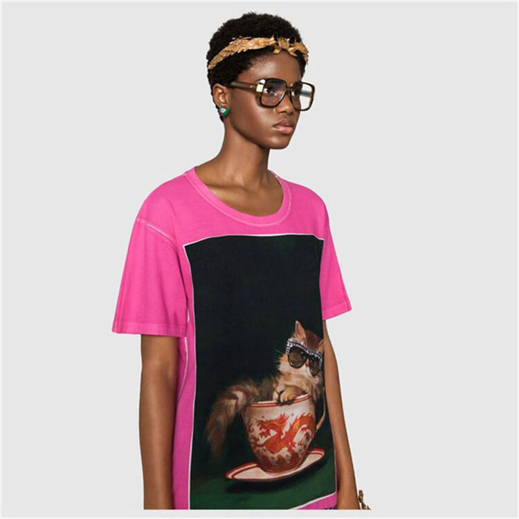 gucci/古奇2018春夏新款个性油画圆领宽松百搭上衣茶杯猫咪印花t恤女