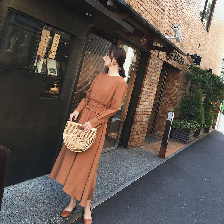 2018年韩版春夏新款复古腰部松紧木耳边中长款连衣裙裙子女 土橘色 s