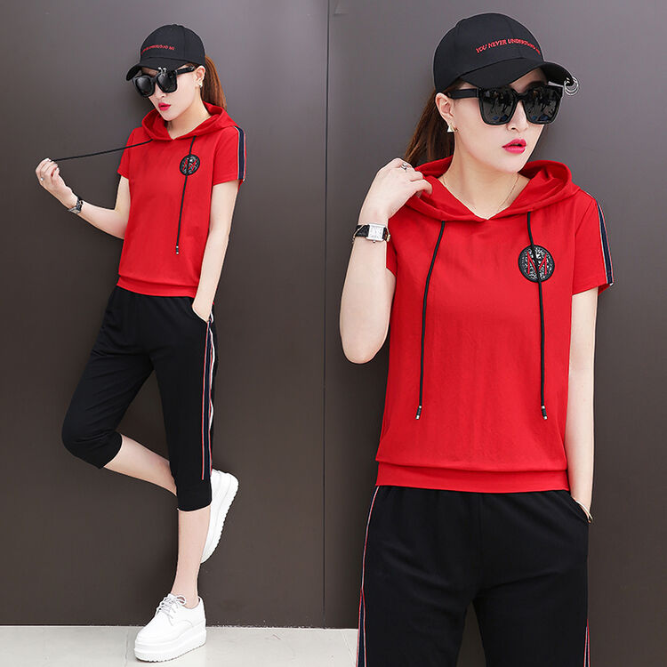 短袖休闲套装女夏季2018新款时尚七分裤棉麻两件套运动服套装女潮