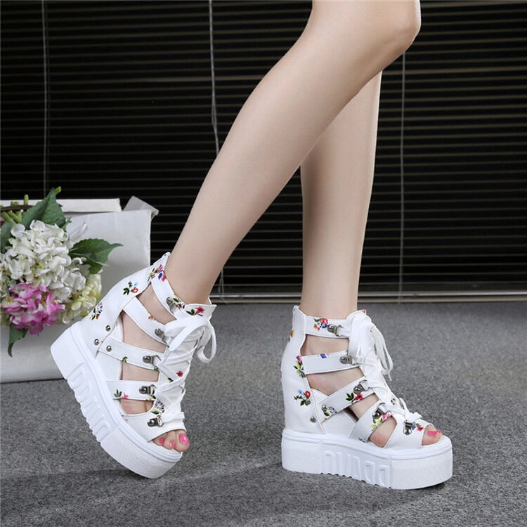 夏季鱼嘴鞋系带欧美超高跟凉鞋松糕底高帮女罗马鞋内增高凉靴 白色 35