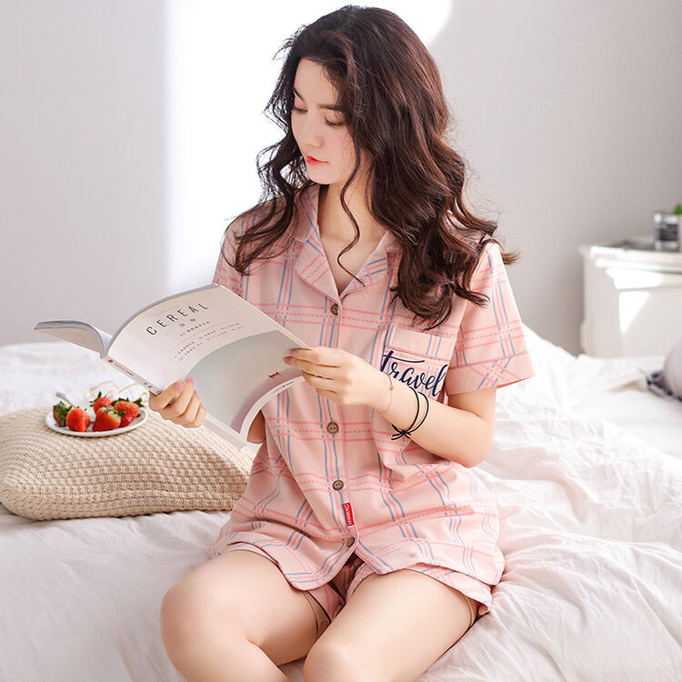 甜妹子 睡衣女夏纯棉短袖翻领套装韩版卡通可爱家居服套装 k354 xxl