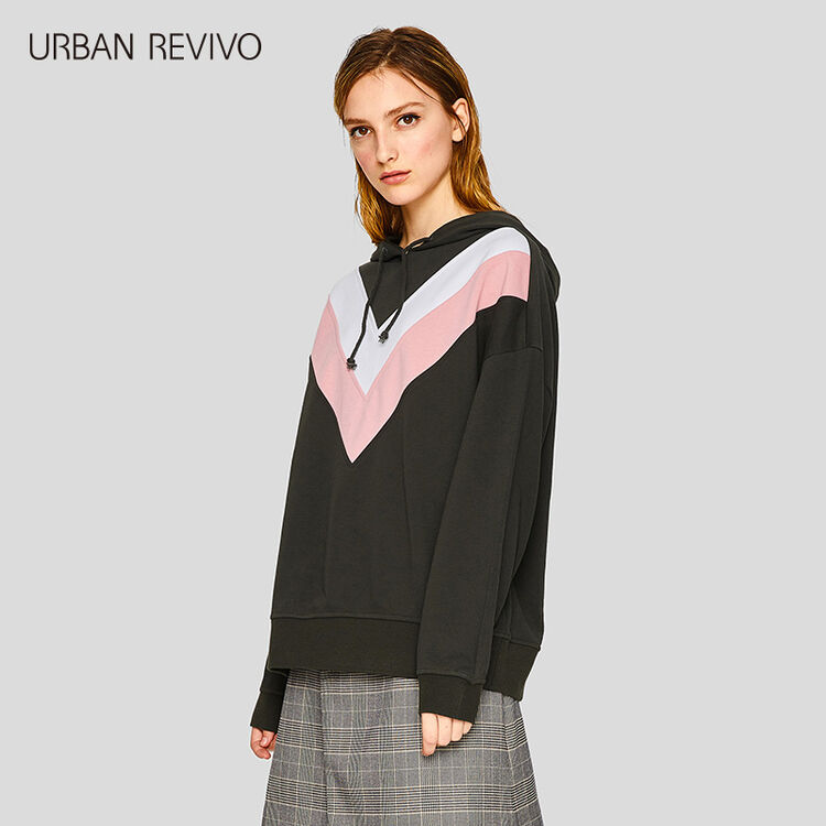 ur2018春夏新款女装合身撞色连帽卫衣套头休闲t恤wg06s4ln2000 墨绿 s