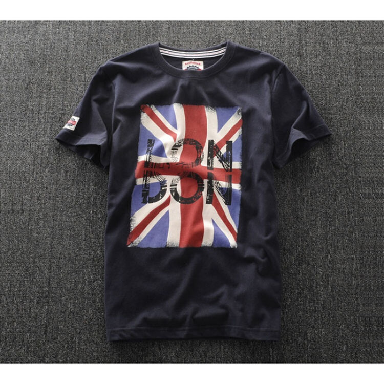 air&rainbow 夏季新款美式复古印花水洗磨毛男士圆领短袖t恤 深蓝色