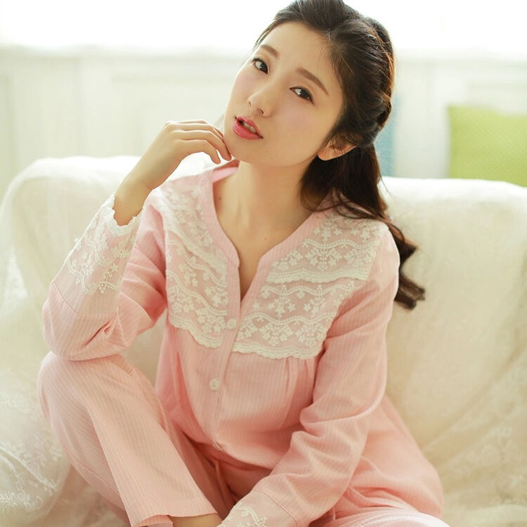 外贸日本原单日单 全棉双层纱布 森女日系女士长袖睡衣套装家居服
