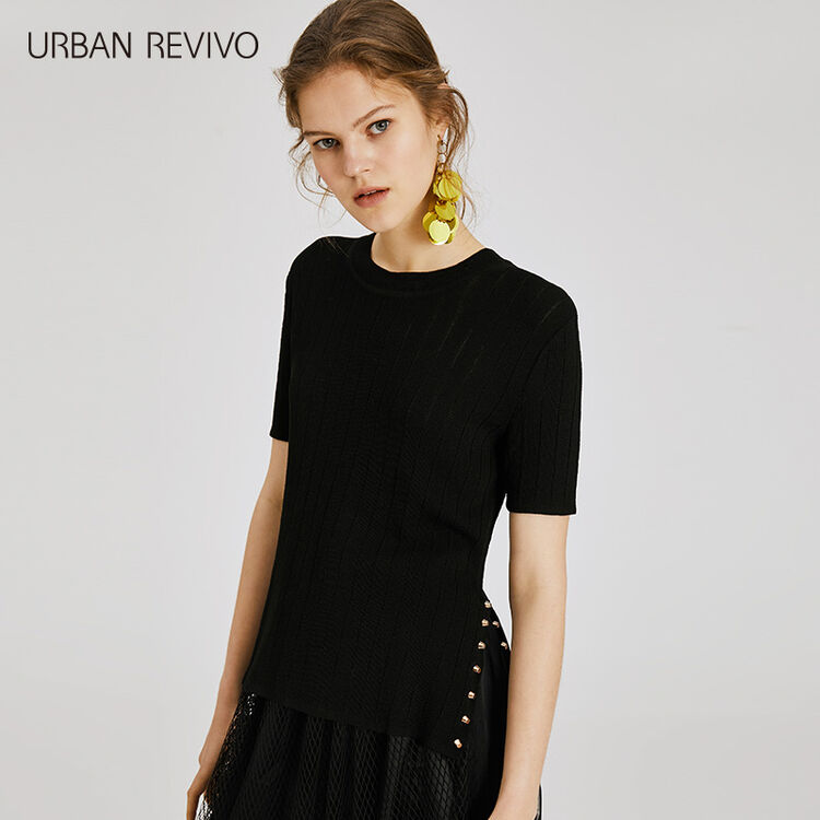 ur2018春夏新品青春女装圆领时尚纹理短袖针织t恤衫yv11s9bn2001 深黑