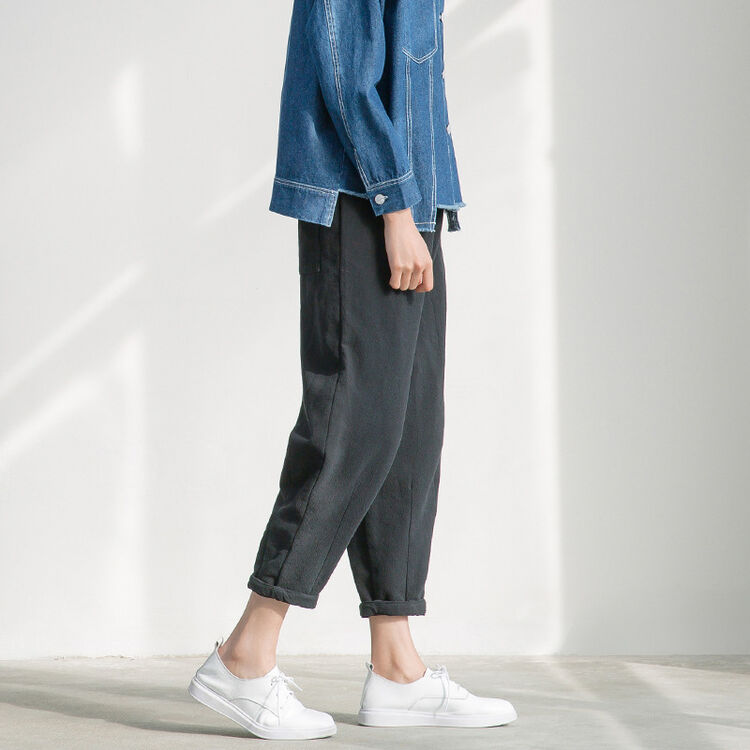 春文艺收裤脚低裆垮裤小脚裤九分休闲裤女#md12-01 黑色 f