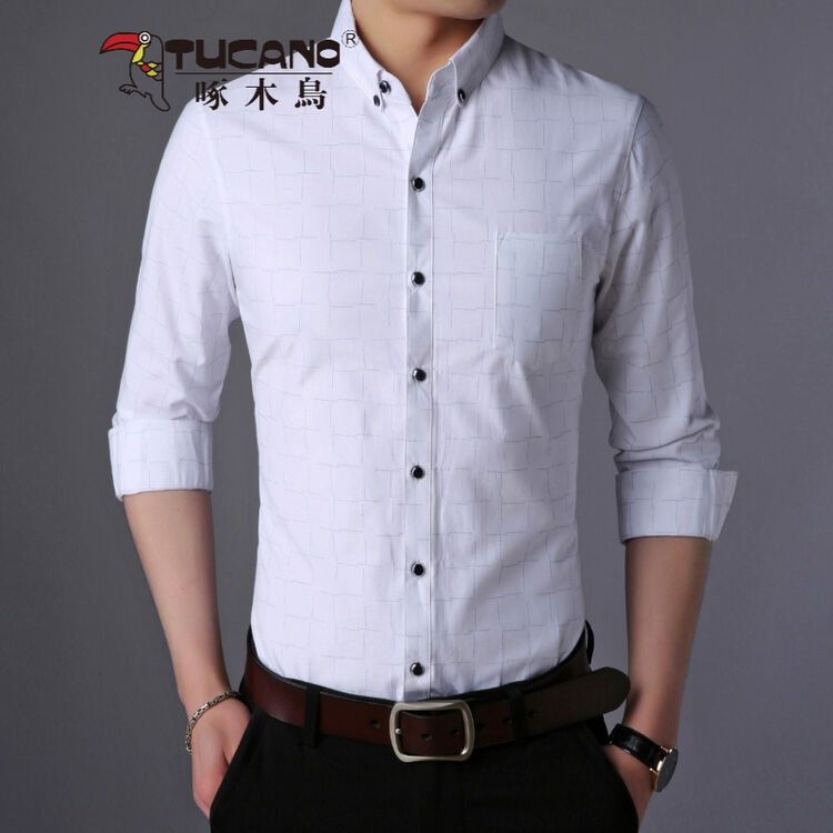 啄木鸟tucano男装春季新款长袖衬衫男士时尚休闲薄款免烫格子中青年
