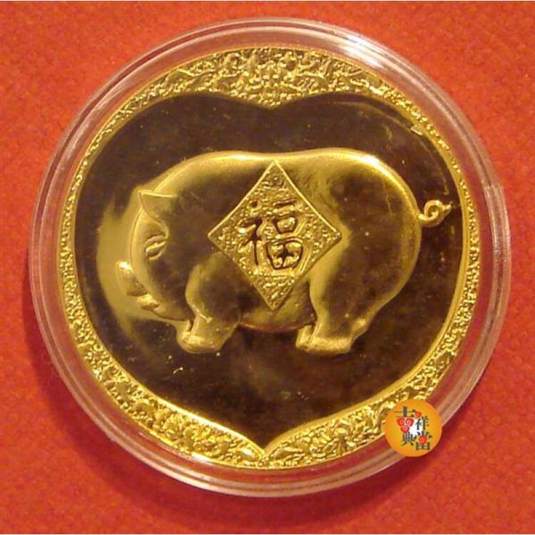 汀宝邮币 上海造币厂-1983年-生肖猪纪念章 猪镀金33mm小铜章【图片