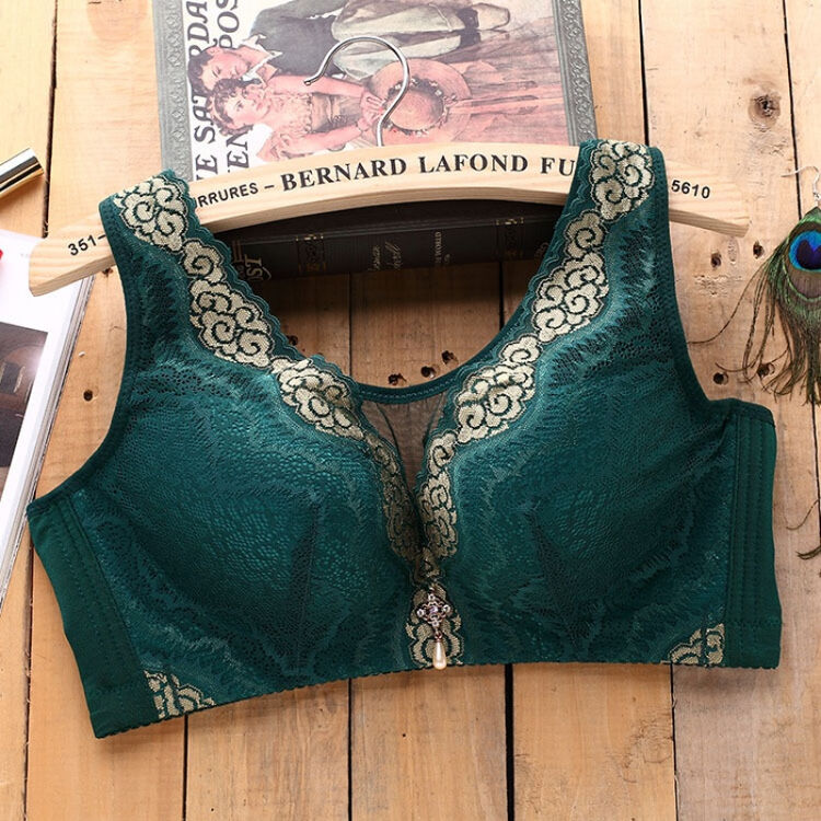 式无钢圈防走光大码文胸全罩杯胸罩胖薄款调整聚拢无磁内衣 绿色 85c