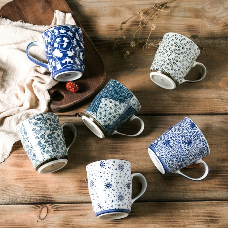 陶瓷马克杯和风杯子青花瓷茶杯日式水杯咖啡杯 古染蓝小花