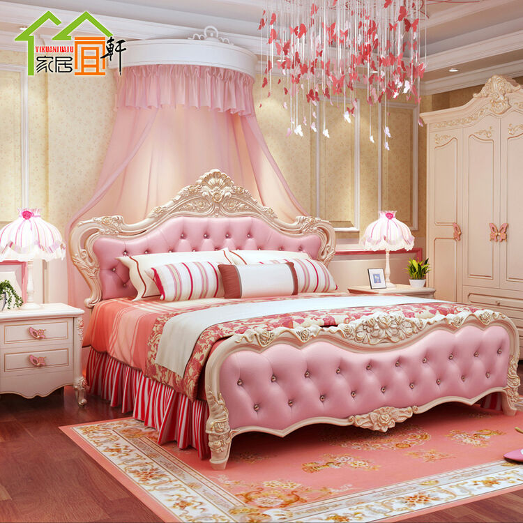 粉红色公主床欧式床双人床法式田园床储物高箱床床婚床主卧 粉色公主