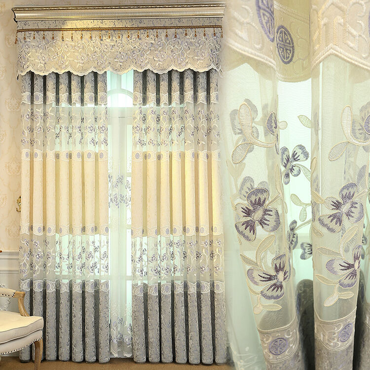 客厅窗幔成品客厅欧式水波帘头窗帘双层纱帘遮光卧室遮光 紫花藤 一米