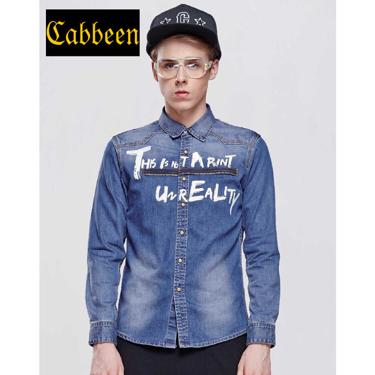 卡宾cabbeen 街头涂鸦印花牛仔衬衫 蓝色 58