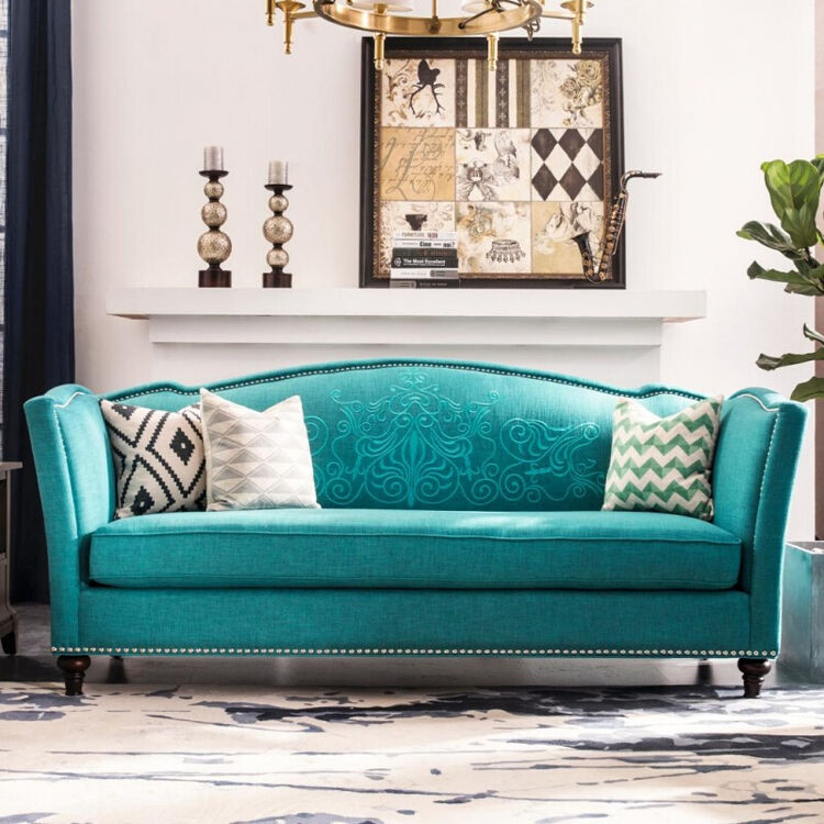 美式布艺沙发简约欧式三人位小户型布沙发客厅家具 布艺沙发-孔雀蓝