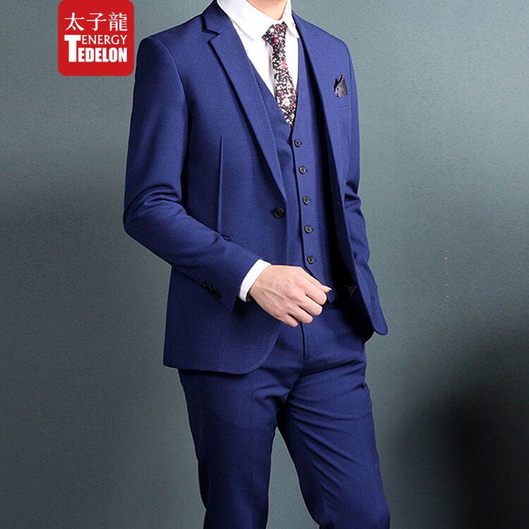 男士西服套装男伴郎新郎结婚礼服 修身商务正装职业西装三件套 蓝色