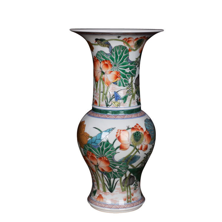 景德镇陶瓷器 仿清康熙五彩莲鹭纹凤尾尊花瓶 家居摆件