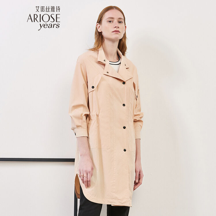 艾诺丝雅诗直筒收腰高腰女风衣2018春新品中长棉质外套70312130 蜡