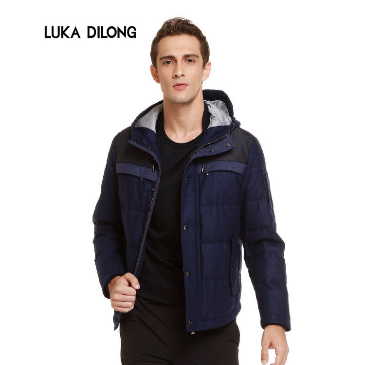 路卡迪龙luka dilong 男士羽绒服90%白鸭绒连帽保暖纯羊毛面料时尚