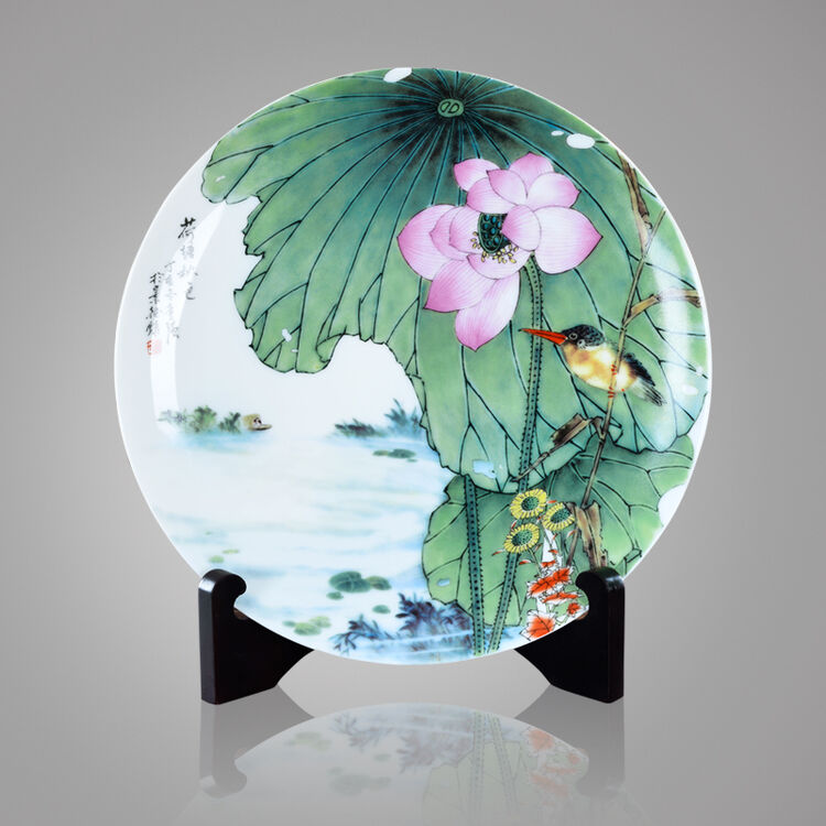 瓷博 荷塘秋色瓷盘 荷花装饰盘子摆件 办公室工艺品 客厅玄关时尚装饰