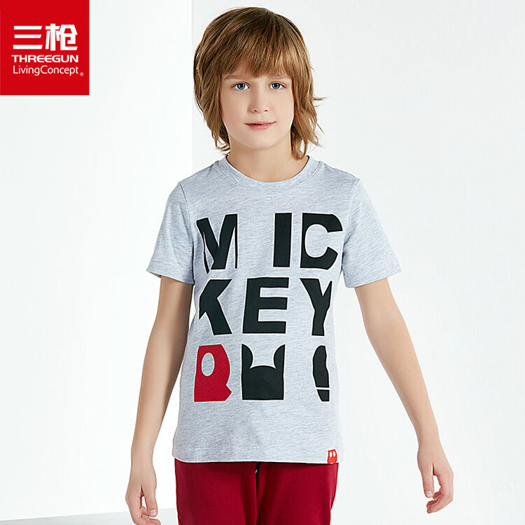 三枪童装 迪士尼米奇系列 柔软棉质男童儿童圆领短袖衫t恤 麻灰 110