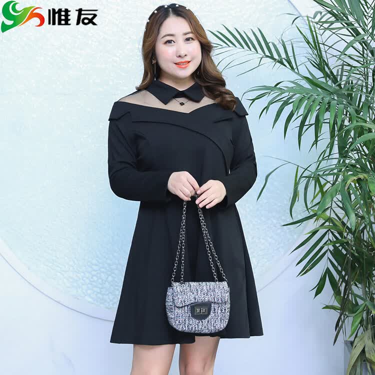 胖妹妹连衣裙大码女装春装胖mm网纱拼接小黑裙 黑色 p1建议130-150斤