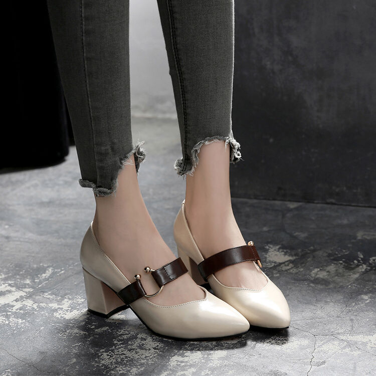 鞋子秋天女鞋秋鞋新款秋款英伦秋季高跟粗跟单鞋韩版学生 米白色 37