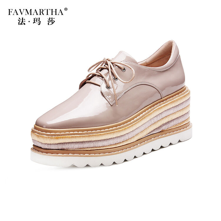 法玛莎品牌厚底女鞋早春新款编织高跟单鞋女系带牛漆皮