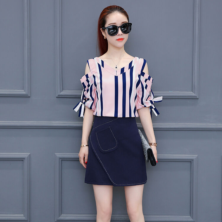 黛索娜时尚套装女2018夏季新款露肩短袖雪纺衫短裙两件套夏装韩版休闲